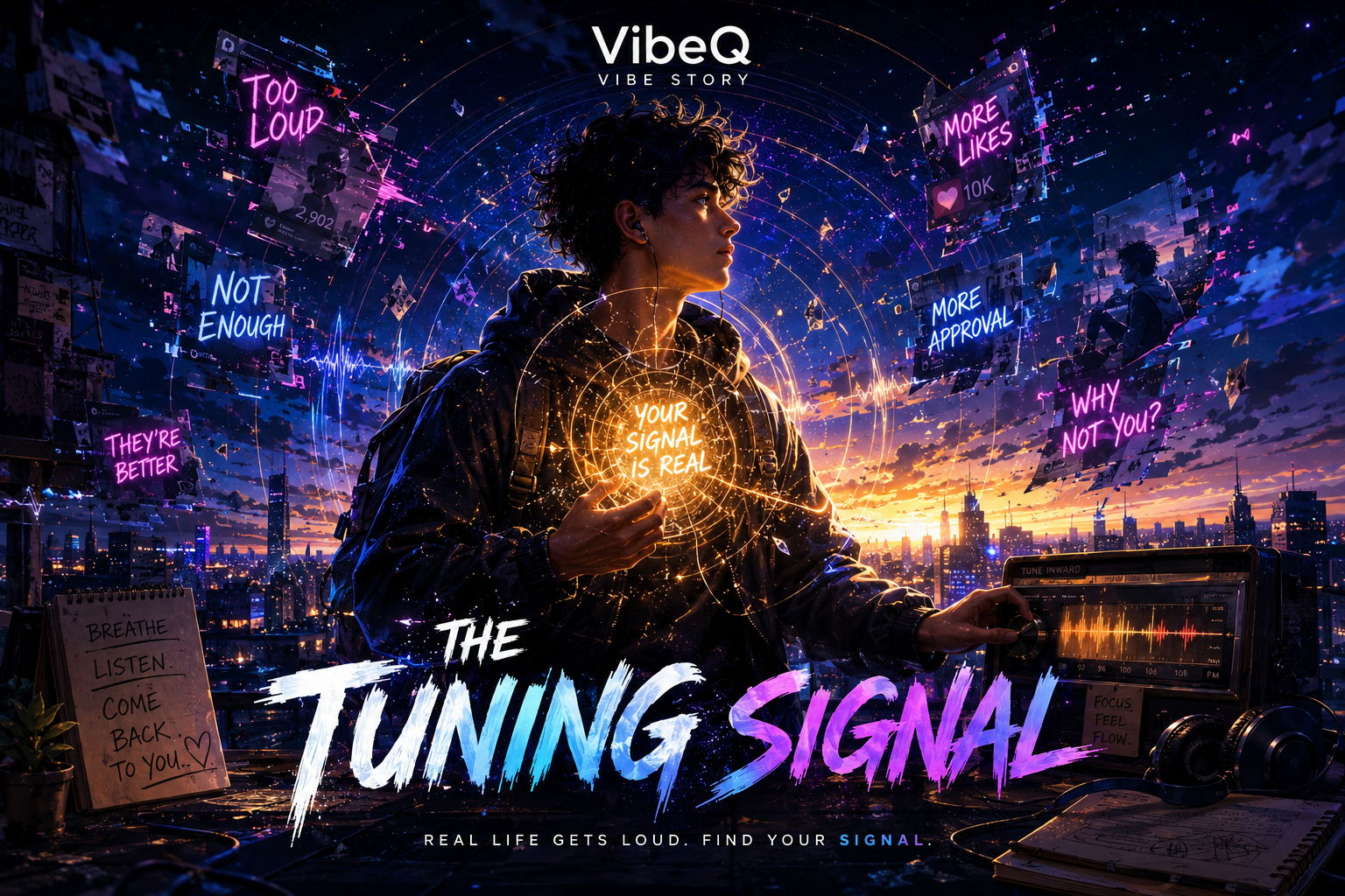 The Tuning Signal cover image: a teenager tuning their inner signal through neon noise and glowing frequency rings